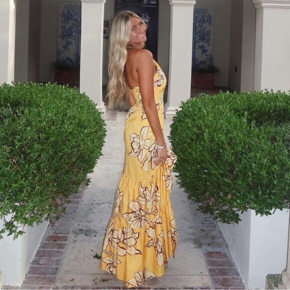 HUTCH Floral Halter Maxi Dress Maize Yellow Adjustable Neck Ruffle Slit 4 NEW - Picture 4 of 14